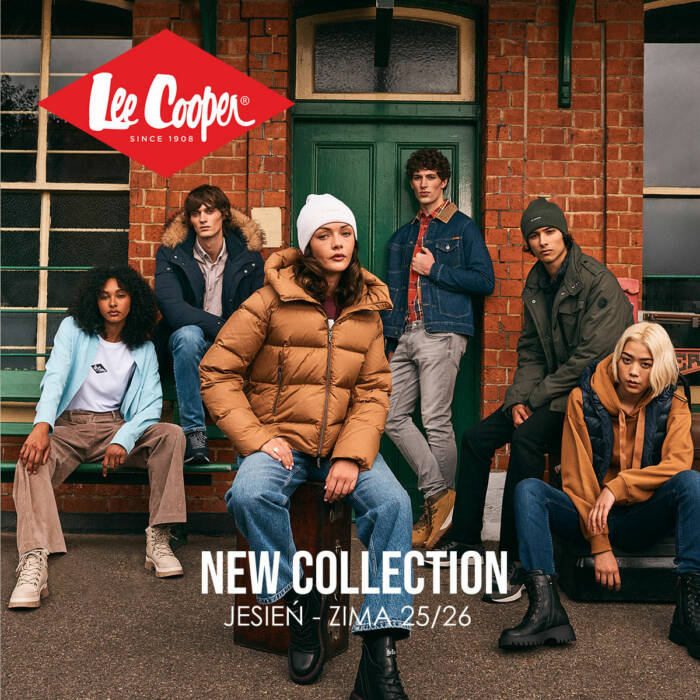 Grupa młodych osób w jesienno-zimowych stylizacjach Lee Cooper, zapowiedź nowej kolekcji 2025/2026.