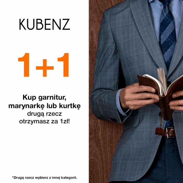 Mężczyzna w eleganckim garniturze trzyma notatnik – promocja KUBENZ 1+1 druga rzecz za 1 zł.