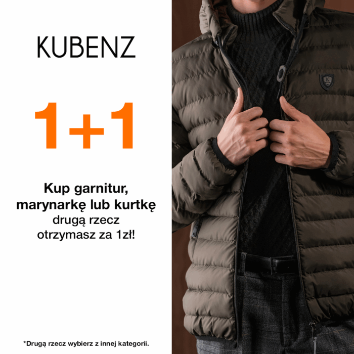 Mężczyzna w pikowanej kurtce i swetrze – promocja KUBENZ 1+1, druga rzecz za 1 zł.
