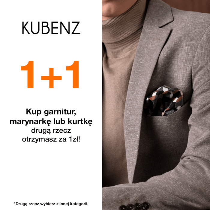 Mężczyzna w beżowej marynarce i golfie – promocja KUBENZ 1+1 druga rzecz za 1 zł.