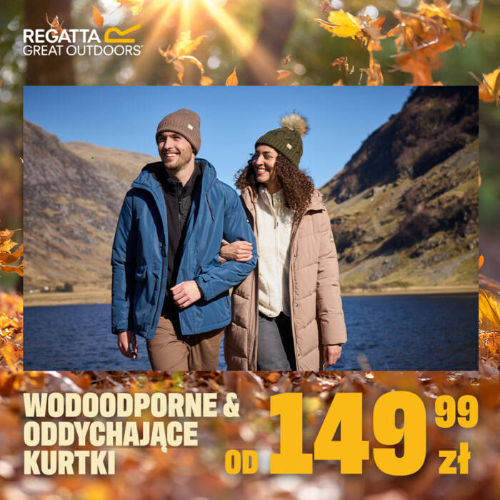 Para w jesiennej scenerii w kurtkach Regatta – promocja na wodoodporne i oddychające modele od 149,99 zł.