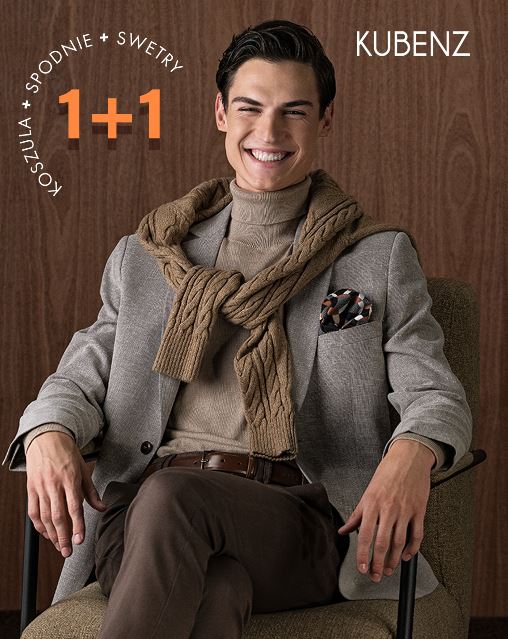 Mężczyzna w eleganckiej stylizacji KUBENZ z promocją 1+1 na koszule, spodnie i swetry.