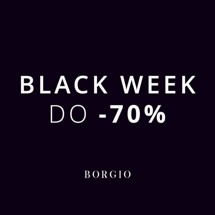 Grafika promocyjna BORGIO – Black Week do –70%.