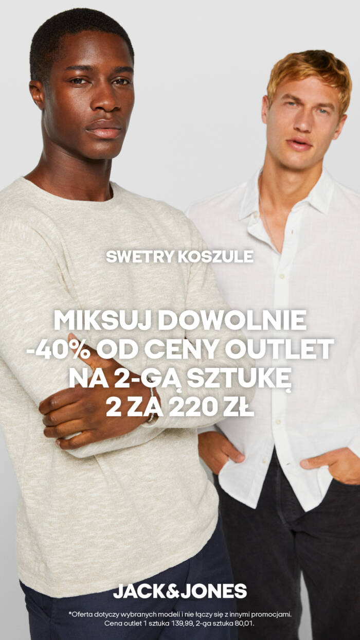 Dwóch mężczyzn w swetrach i koszulach – promocja Jack & Jones 2 za 220 zł w Outlet Park Szczecin.