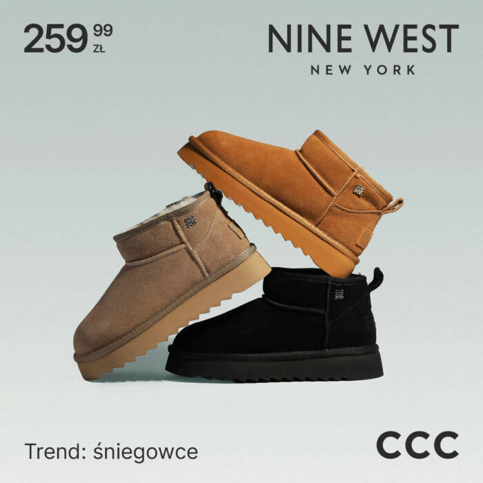 Grafika przedstawiająca trzy modele śniegowców Nine West w kolorach camel, beżowym i czarnym, ułożone jedna para na drugiej, z ceną 259,99 zł oraz logotypami Nine West i CCC.