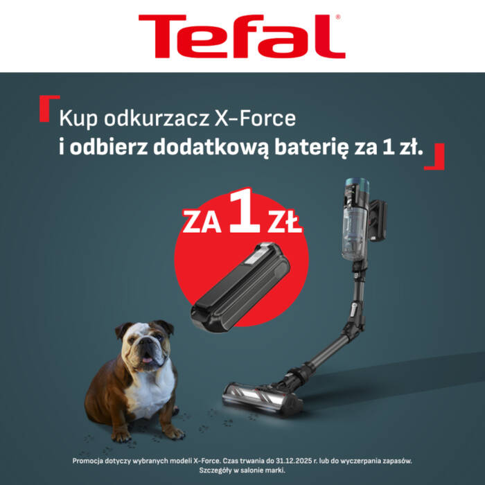 Grafika promocyjna Tefal: odkurzacz X-Force, dodatkowa bateria w czerwonym kole i pies obok urządzenia.