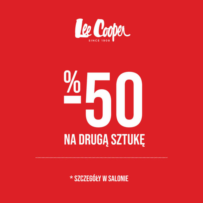 Czerwona grafika Lee Cooper z dużym napisem „–50% na drugą sztukę”.