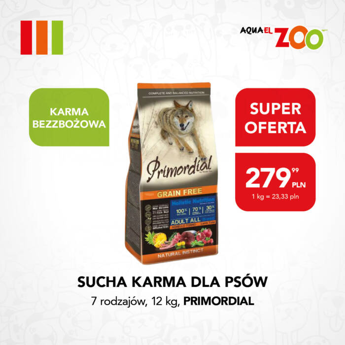 Sucha karma bezzbożowa Primordial 12 kg w super ofercie w Aquael ZOO