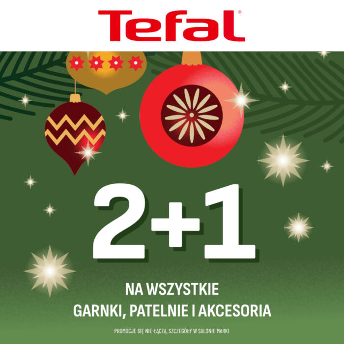 Świąteczna grafika Tefal z bombkami na zielonym tle i komunikatem „2+1 na wszystkie garnki, patelnie i akcesoria”.