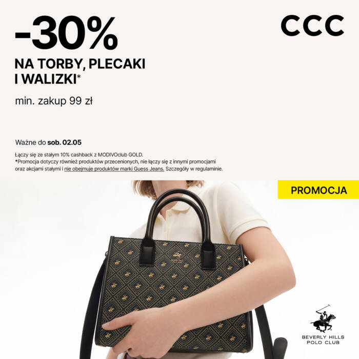 Do pracy, na miasto i na wymarzony urlop! W CCC -30% na torby, plecaki i walizki na każdą okazję! Zrób zakupy za minimum 99 zł, a za stylowe torebki, praktyczne plecaki i modne walizki zapłać 30% mniej! Nie przegap szansy na udane zakupy w CCC! Promocja dotyczy również produktów przecenionych, nie łączy się z innymi promocjami oraz akcjami stałymi i nie obejmuje produktów marki Guess Jeans. Szczegóły w regulaminie.