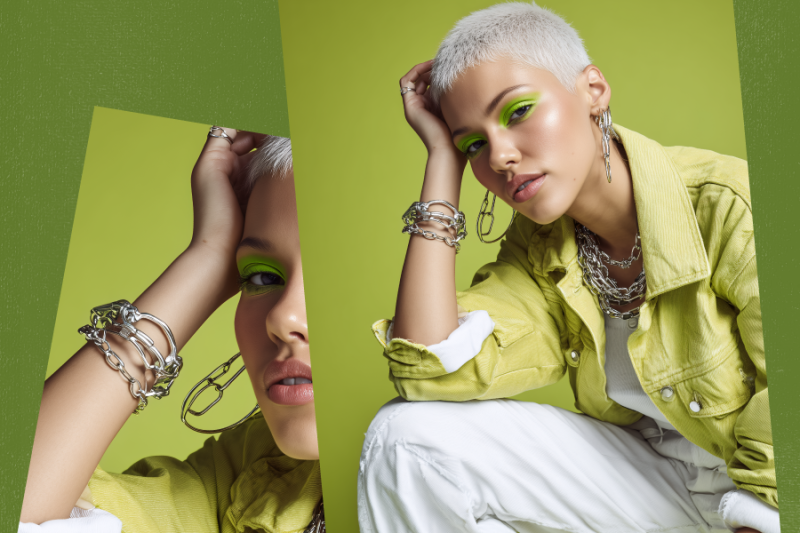 modna kobieta w limonkowej koszuli i białych spodniach