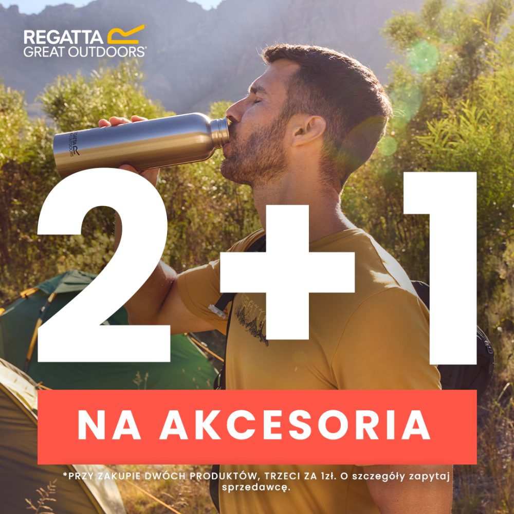 mężczyzna pije z bidonu w górach promocja 2+1 na akcesoria Regatta