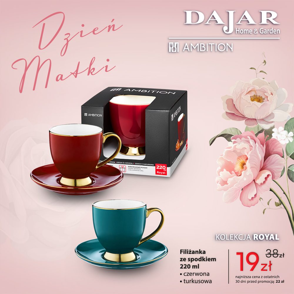 Kolekcja ROYAL – filiżanki ze spodkiem AMBITION 220 ml w kolorach czerwonym i turkusowym z złotymi uszkami