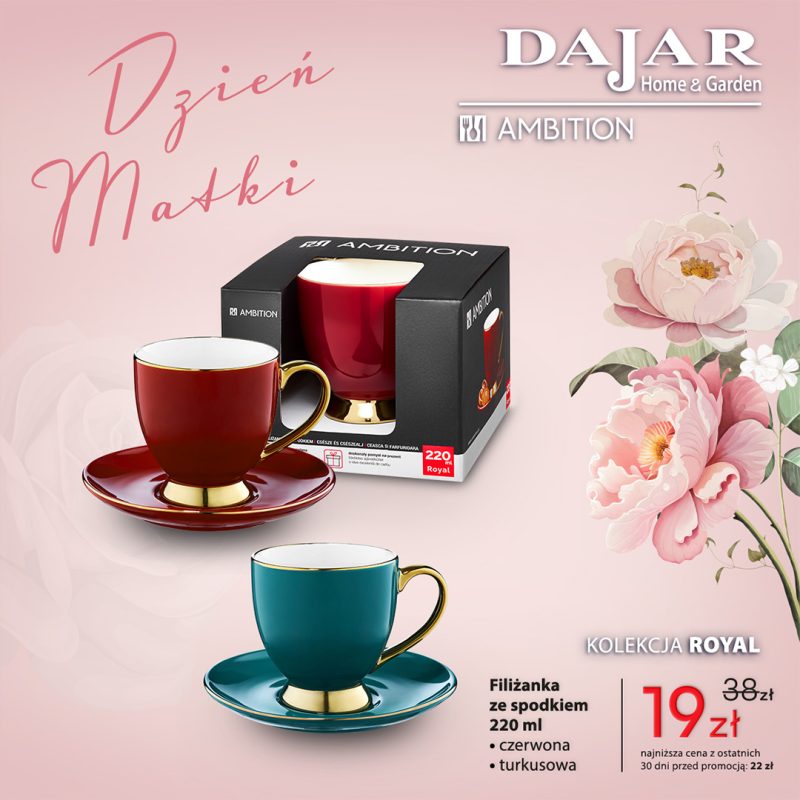 Kolekcja ROYAL – filiżanki ze spodkiem AMBITION 220 ml w kolorach czerwonym i turkusowym z złotymi uszkami