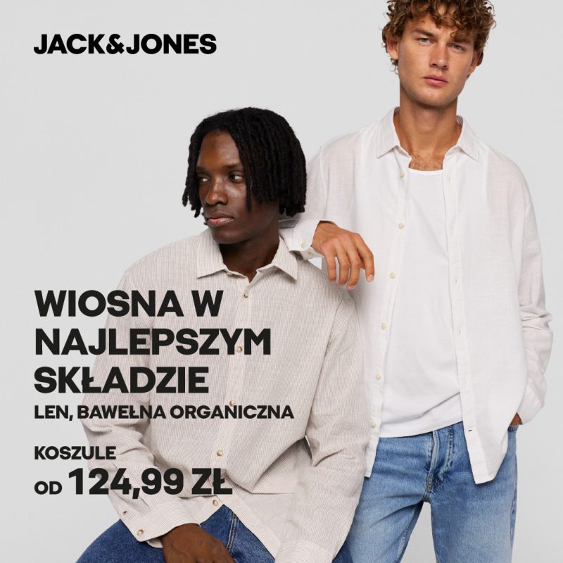 dwóch mężczyzn w jasnych koszulach jack&jones promocja na koszule wiosenne
