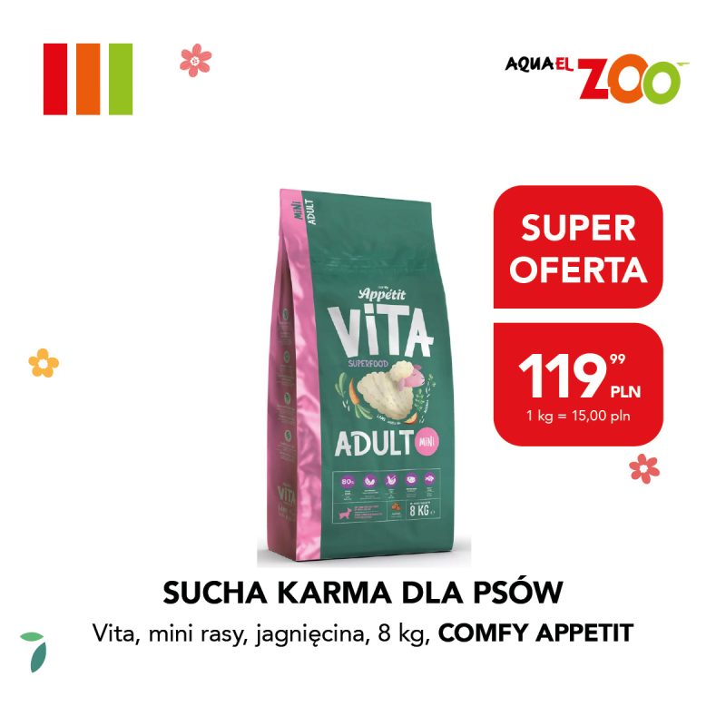 Opakowanie suchej karmy dla psów Vita Comfy Appetit o wadze 8 kg z jagnięciną, obok czerwone etykiety z napisem 'SUPER OFERTA' i ceną '119,99 PLN'.