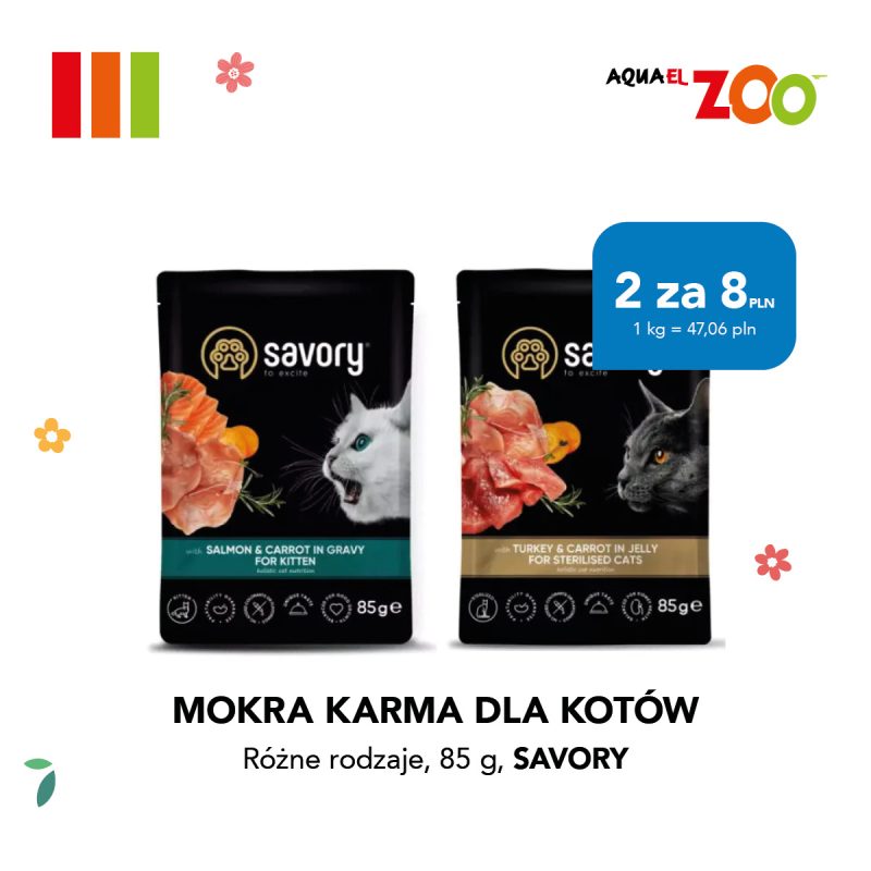 Dwie saszetki mokrej karmy dla kotów Savory (łosoś z marchewką dla kociąt, indyk z marchewką dla kotów sterylizowanych) z ceną 2 za 8 zł.