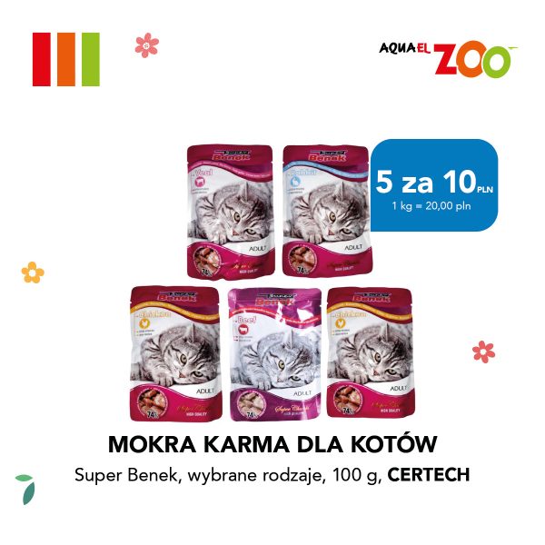 Pięć opakowań mokrej karmy dla kotów Super Benek w różnych smakach (cielęcina, królik, kurczak, wołowina). Obok nich niebieska etykieta z napisem '5 za 10 PLN'.