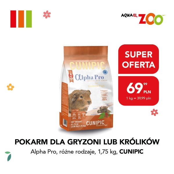 Opakowanie pokarmu Cunipic Alpha Pro dla świnek morskich, z ceną 69,99 PLN i informacją o super ofercie.