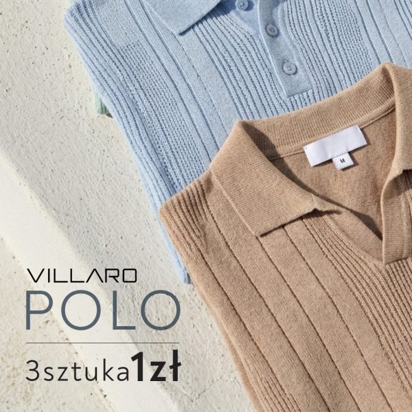 Dwie koszulki polo marki Villaro, jedna w kolorze jasnoniebieskim, druga beżowa, leżące na jasnym tle. Widoczny napis Villaro Polo 3 sztuka 1 zł.
