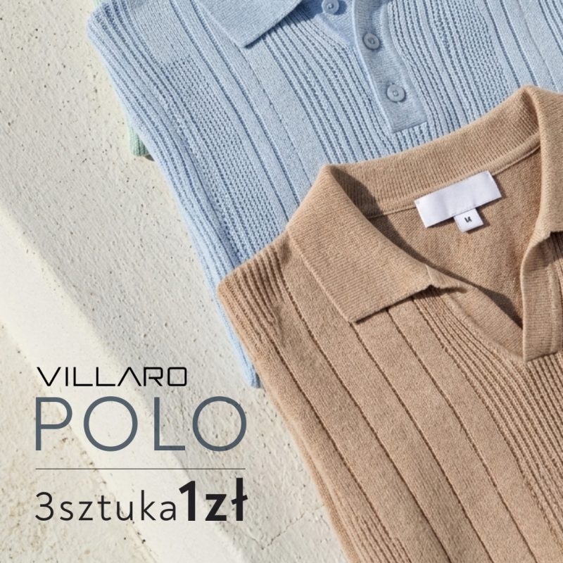 Dwie koszulki polo marki Villaro, jedna w kolorze jasnoniebieskim, druga beżowa, leżące na jasnym tle. Widoczny napis Villaro Polo 3 sztuka 1 zł.
