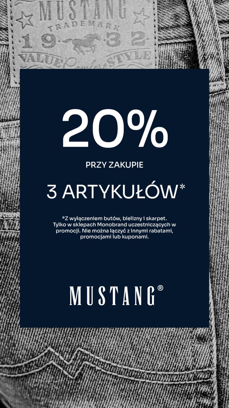 Grafika przedstawia logo Mustang oraz informację o promocji: 20% rabatu przy zakupie 3 artykułów. Tło to tekstura jeansu.