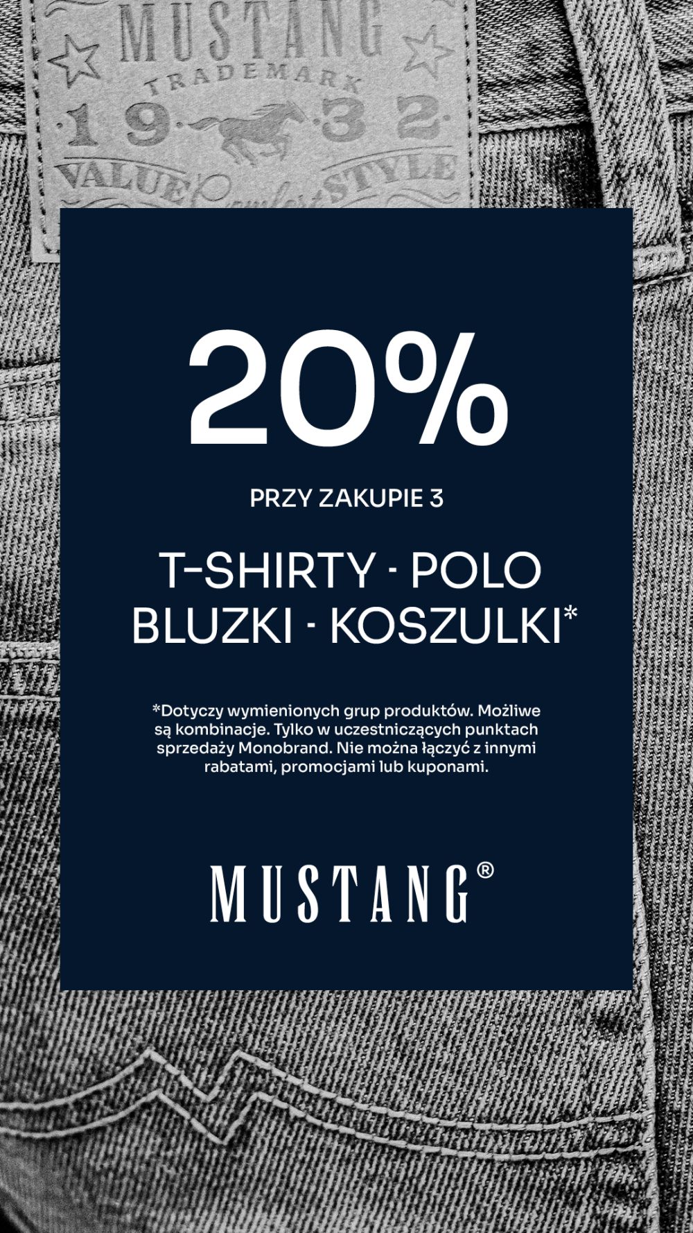 Jeansowa metka Mustang z napisem 20% rabatu