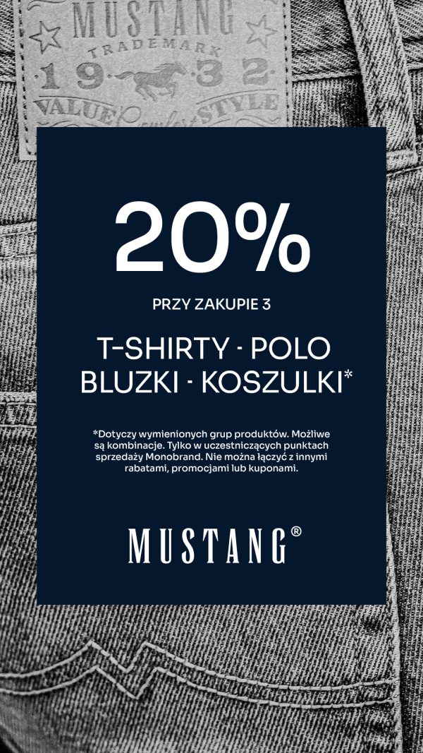 Jeansowa metka Mustang z napisem 20% rabatu