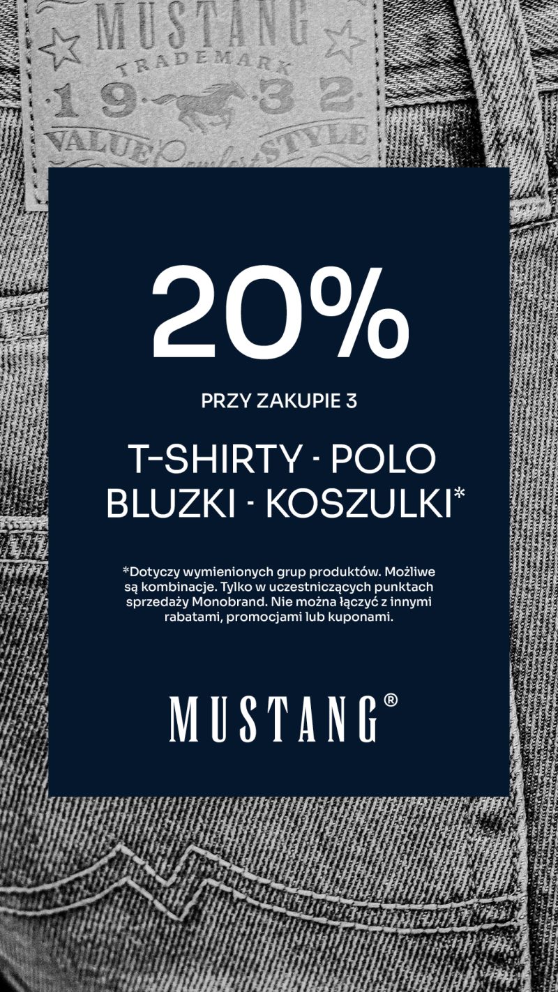 Jeansowa metka Mustang z napisem 20% rabatu