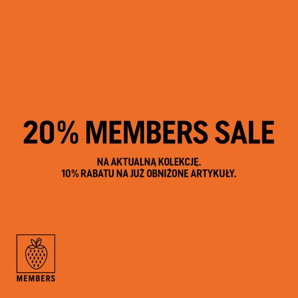 Grafika promocyjna Marc O'Polo z napisem 20% MEMBERS SALE na pomarańczowym tle, z informacją o rabacie na aktualną kolekcję i już obniżone artykuły, oraz logo MEMBERS z truskawką.