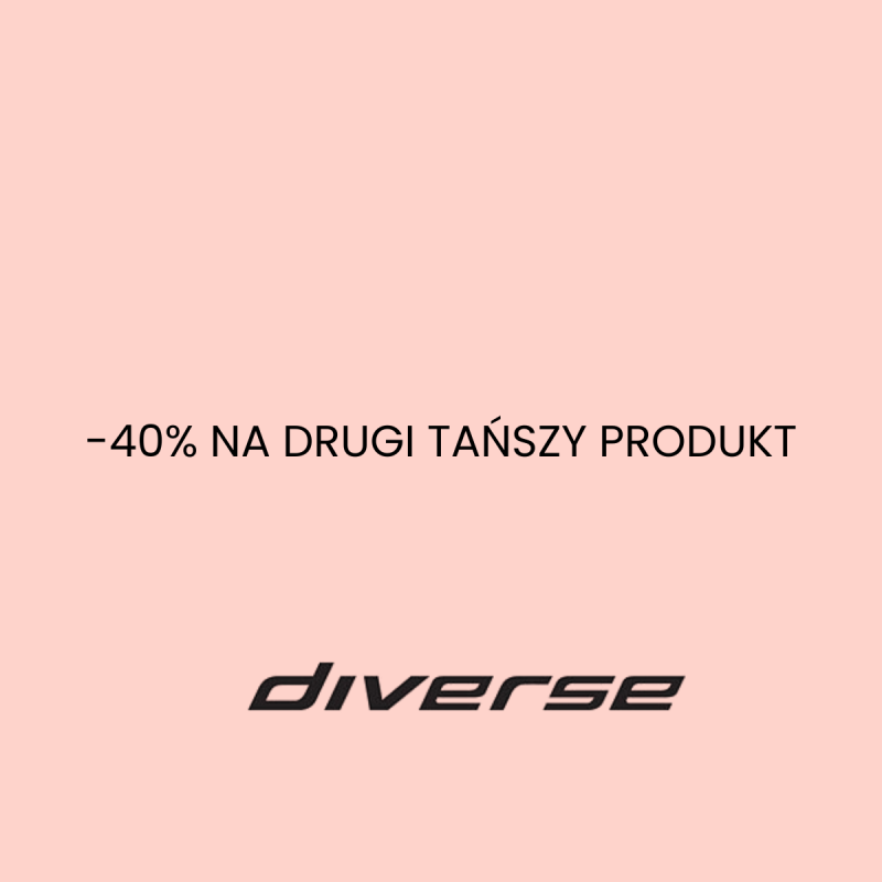 Różowe tło z czarnym napisem '-40% NA DRUGI TAŃSZY PRODUKT' oraz logo Diverse na dole