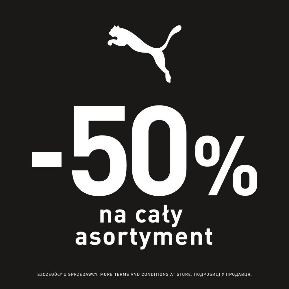 Grafika promocyjna marki Puma z dużym napisem -50% na cały asortyment na czarnym tle