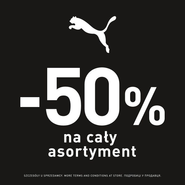 Grafika promocyjna marki Puma z dużym napisem -50% na cały asortyment na czarnym tle
