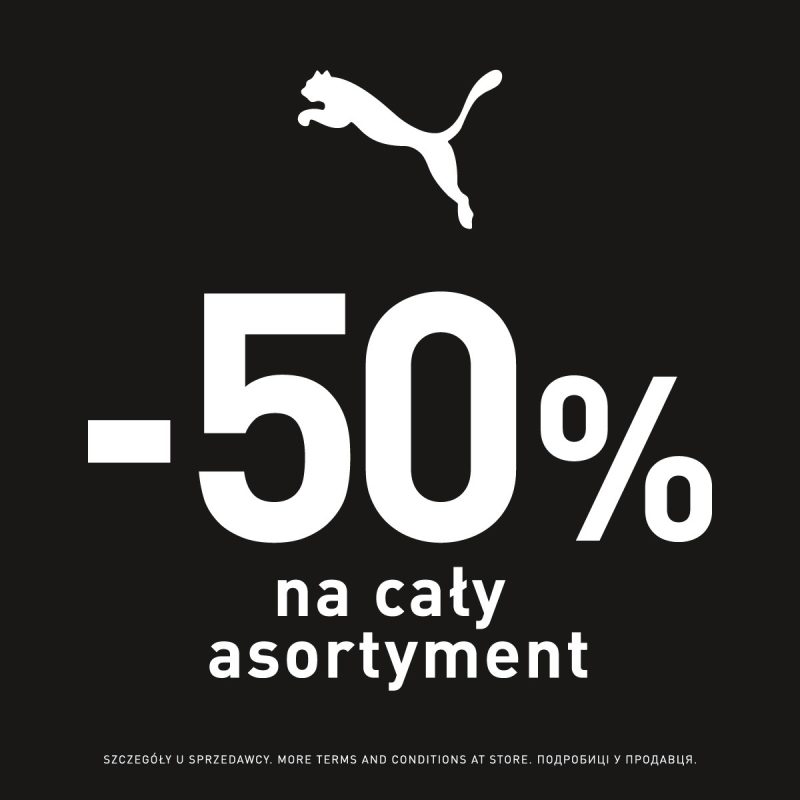 Grafika promocyjna marki Puma z dużym napisem -50% na cały asortyment na czarnym tle