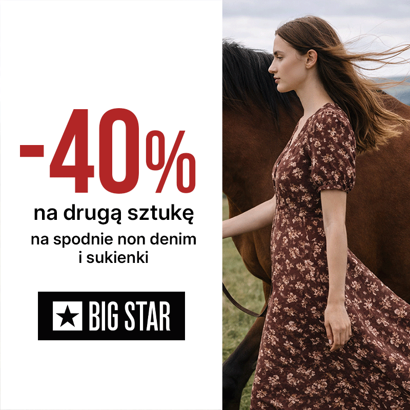 Kobieta w kwiecistej sukience obok konia, obok niej duży napis -40% na drugą sztukę na spodnie non denim i sukienki oraz logo BIG STAR.