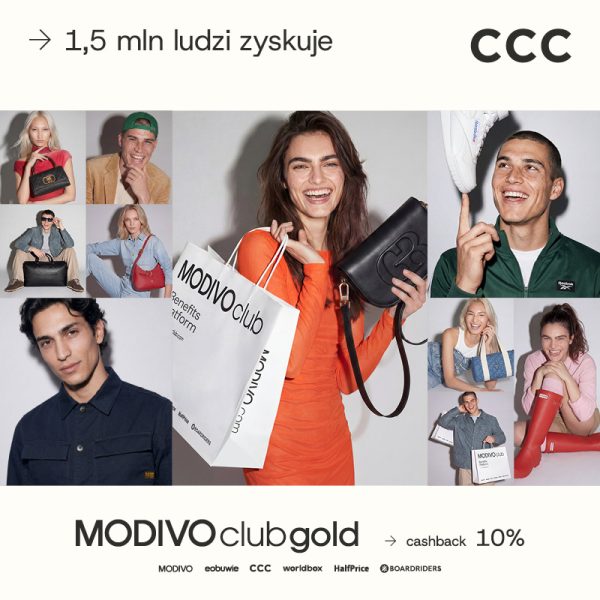 Grupa uśmiechniętych osób z torbami i produktami MODIVOclub, logo CCC i informacja o 10% cashbacku z MODIVOclub GOLD.