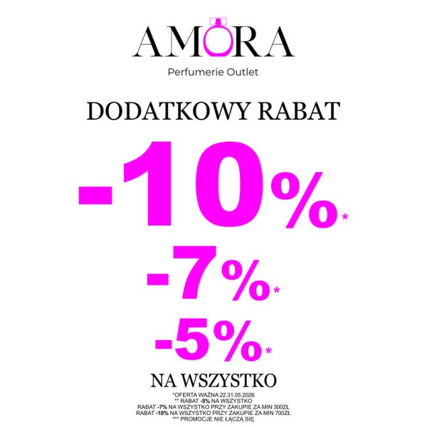 Grafika przedstawia logo Amora Perfumerie Outlet oraz informację o dodatkowych rabatach: -10%, -7%, -5% na wszystko.