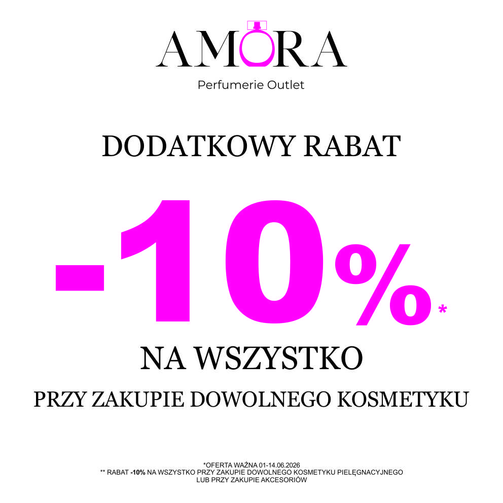 Grafika promocyjna Amora Perfumerie Outlet z napisem 'Dodatkowy Rabat -10% na wszystko przy zakupie dowolnego kosmetyku' na białym tle. Widoczne logo Amora.