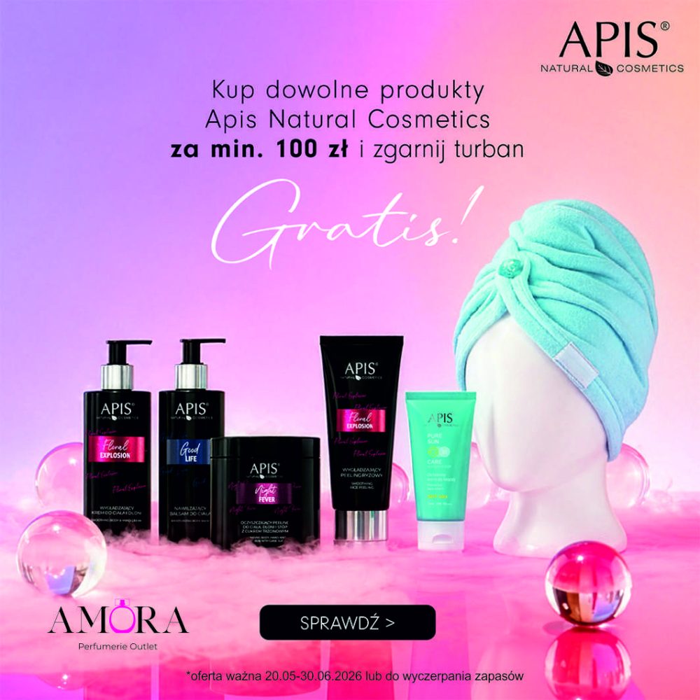 Produkty Apis Natural Cosmetics: balsamy, peelingi i kremy, oraz niebieski turban na manekinie. W tle logo Amora Perfumerie Outlet.