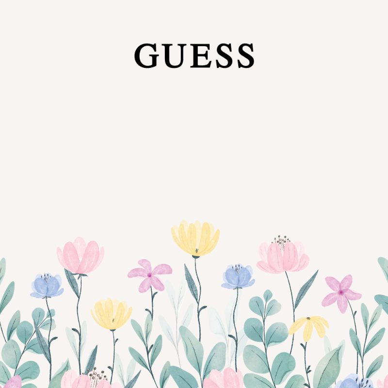 Logo Guess na białym tle, pod nim grafika z kolorowymi, akwarelowymi kwiatami w odcieniach różu, żółci i błękitu, z zielonymi liśćmi.