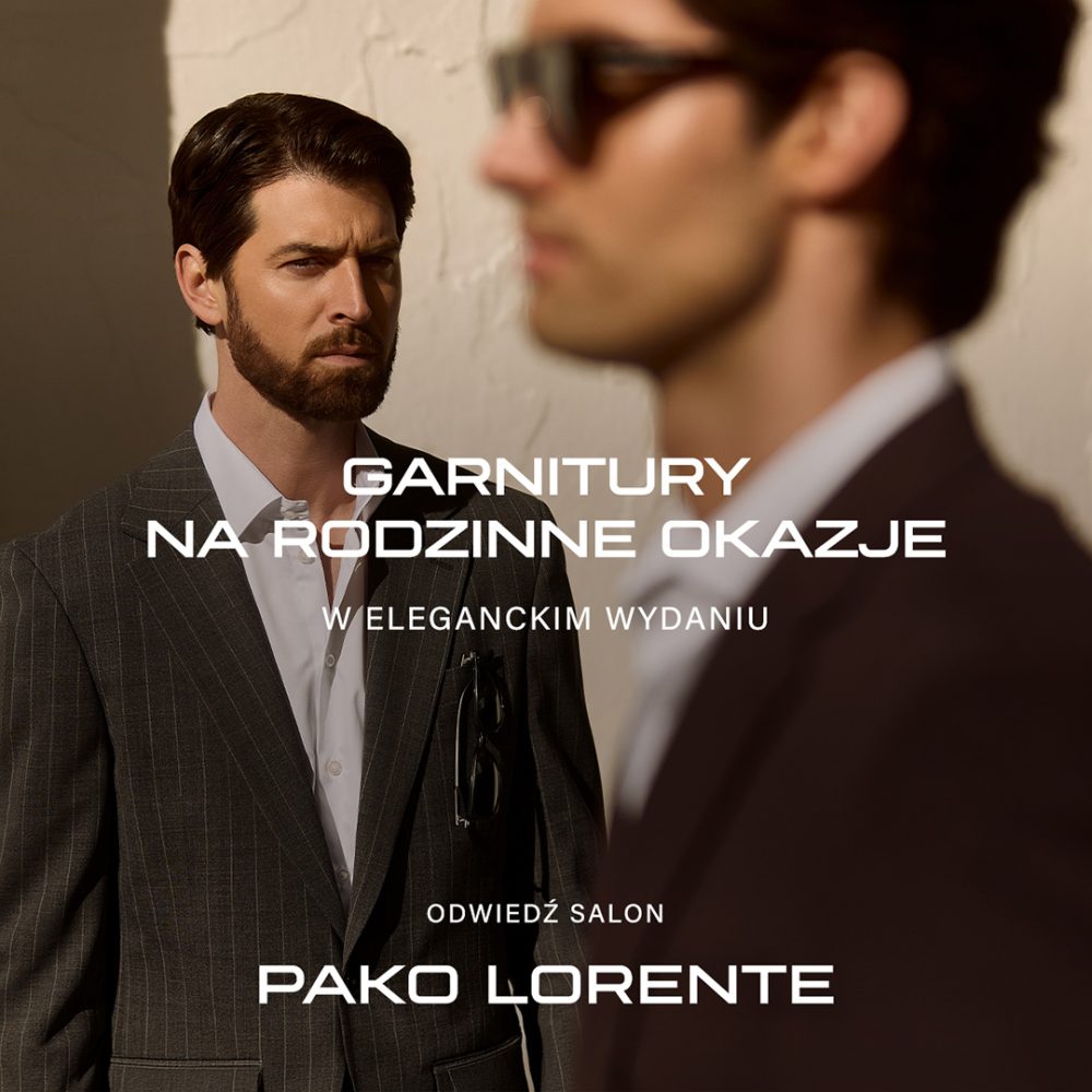 Dwóch elegancko ubranych mężczyzn w garniturach Pako Lorente. Jeden patrzy wprost, drugi bokiem, w okularach przeciwsłonecznych.