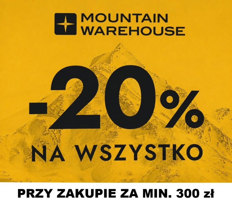 Żółte tło, logo i napis Mountain Warehouse, -20% na wszystko.