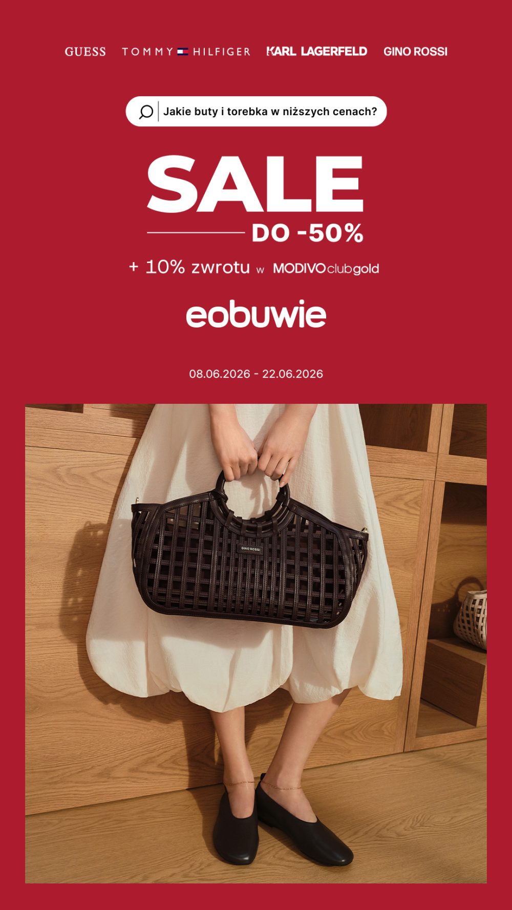 Kobieta w białej sukience trzymająca czarną torebkę, obok informacja o SALE w eobuwie do -50% i 10% zwrotu z MODIVOclub GOLD. Widoczne logo marek: Guess, Tommy Hilfiger, Karl Lagerfeld, Gino Rossi.