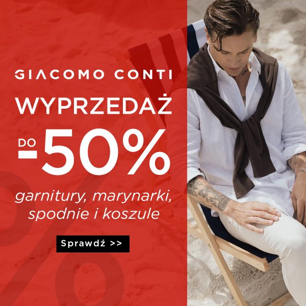 Mężczyzna w białej koszuli i beżowych spodniach siedzący na leżaku, obok napis Giacomo Conti Wyprzedaż do -50% na garnitury, marynarki, spodnie i koszule