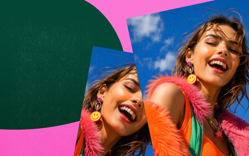 Kolorowa grafika promująca wakacyjną akcję SMILE MORE. PODAJ DALEJ. w Outlet Park Szczecin z challenge’ami, konkursami i limitowanymi gadżetami.