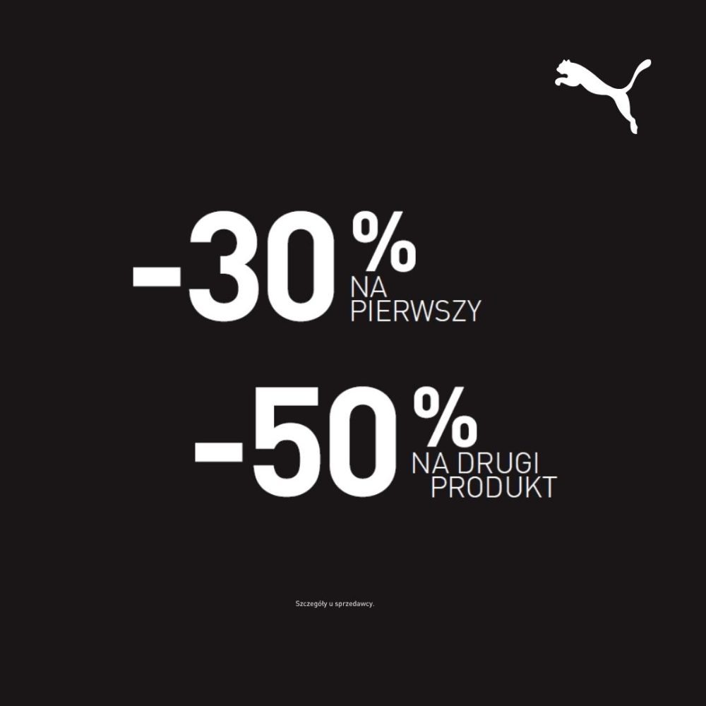 Grafika przedstawiająca promocję w Puma Outlet: -30% na pierwszy produkt i -50% na drugi produkt, na czarnym tle z białym logo Puma.