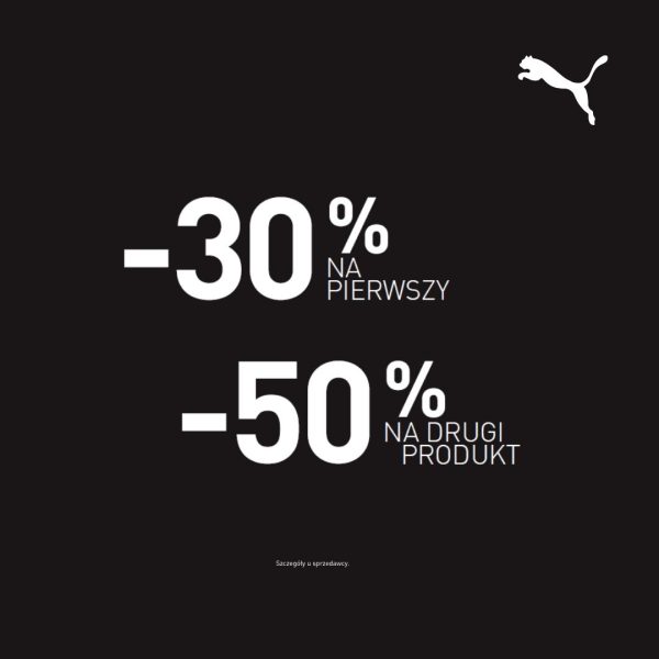 Grafika przedstawiająca promocję w Puma Outlet: -30% na pierwszy produkt i -50% na drugi produkt, na czarnym tle z białym logo Puma.
