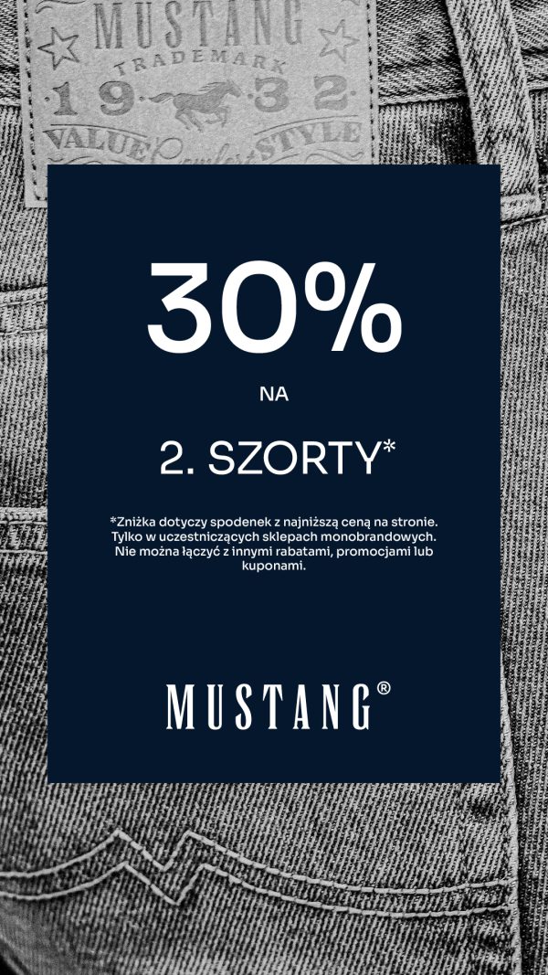 Grafika przedstawia promocję marki Mustang oferującą 30% zniżki na drugie szorty, na tle jeansowego materiału.