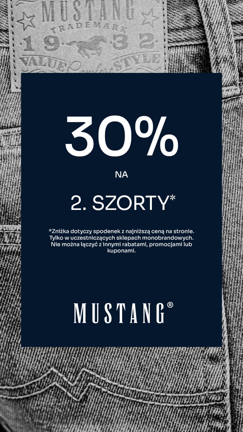 Grafika przedstawia promocję marki Mustang oferującą 30% zniżki na drugie szorty, na tle jeansowego materiału.