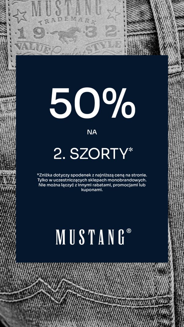 Grafika przedstawia promocję marki Mustang, oferującą 50% zniżki na drugie szorty, na tle jeansowego materiału.